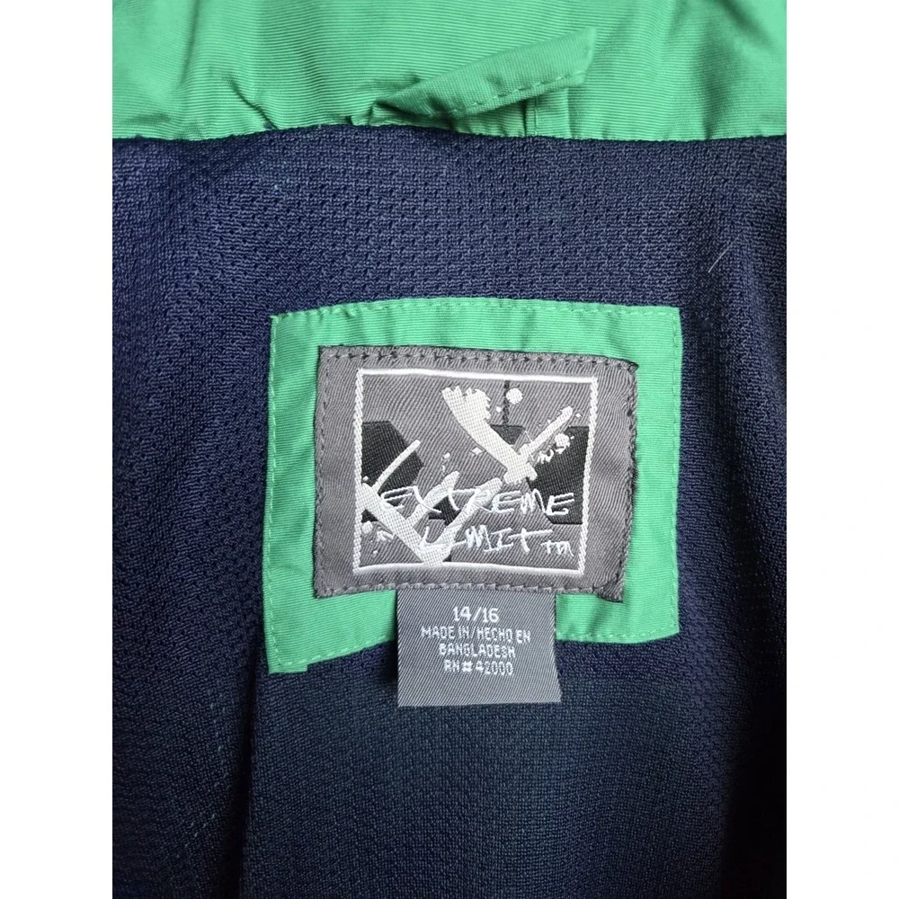 Extreme Limit Youth Water Resistant Hooded Jacket Green Navy Size 14/16 - Picture 2 of 9